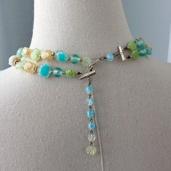 Vintage Aqua Blue Green Beige Beaded Double Layered Estate Short Necklace 20” - Picture 4 of 5